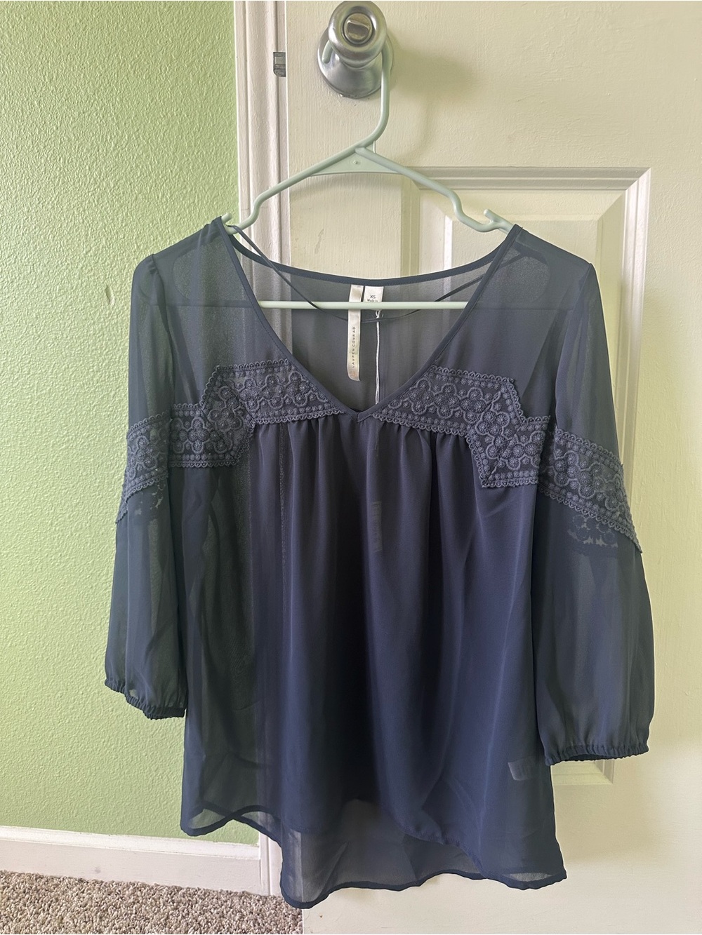 LC Lauren Conrad Navy Sheer Crochet-Trim V-Neck Blouse